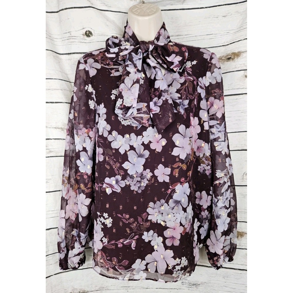 Ted Baker Purple Floral Tie Neck Blouse Top Womens 2 Size Small Gold Metallic